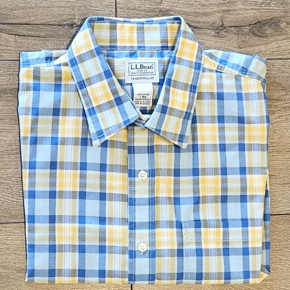 NWOT's - L.L. BEAN - Mens Blue/Yellow Plaid Short Sleeve Shirt - Size Large